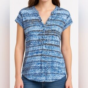Dana Buchman Wrap Front Top in Blue Geo, Size XXL
